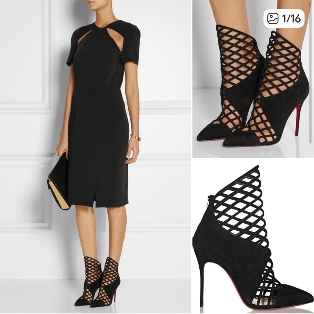Christian Louboutin Black Suede Pointed Toe Ankle Boots Cutout Stiletto Heel